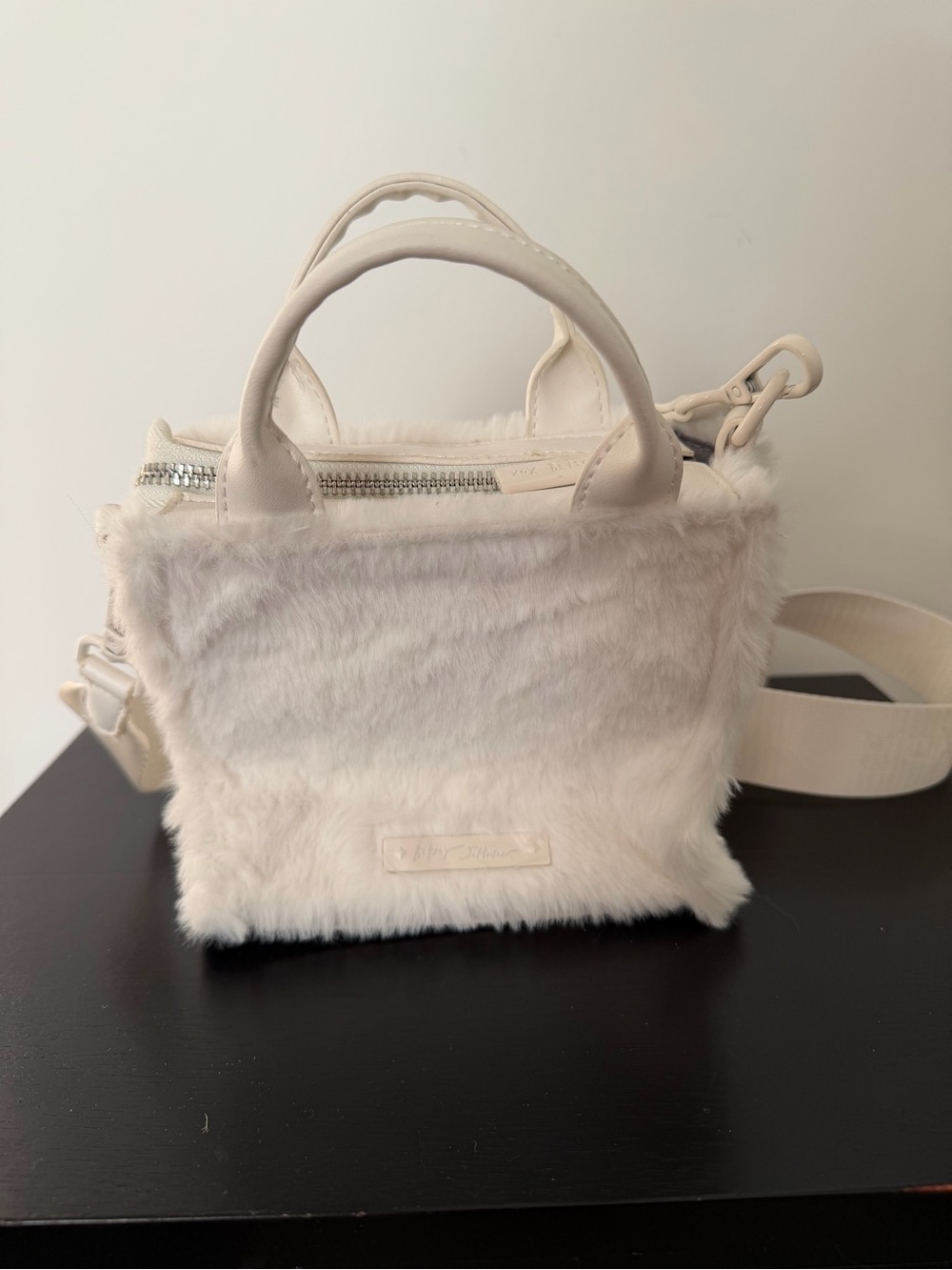 Betsey Johnson Cream Faux Fur Mini Tote with Crossbody Strap